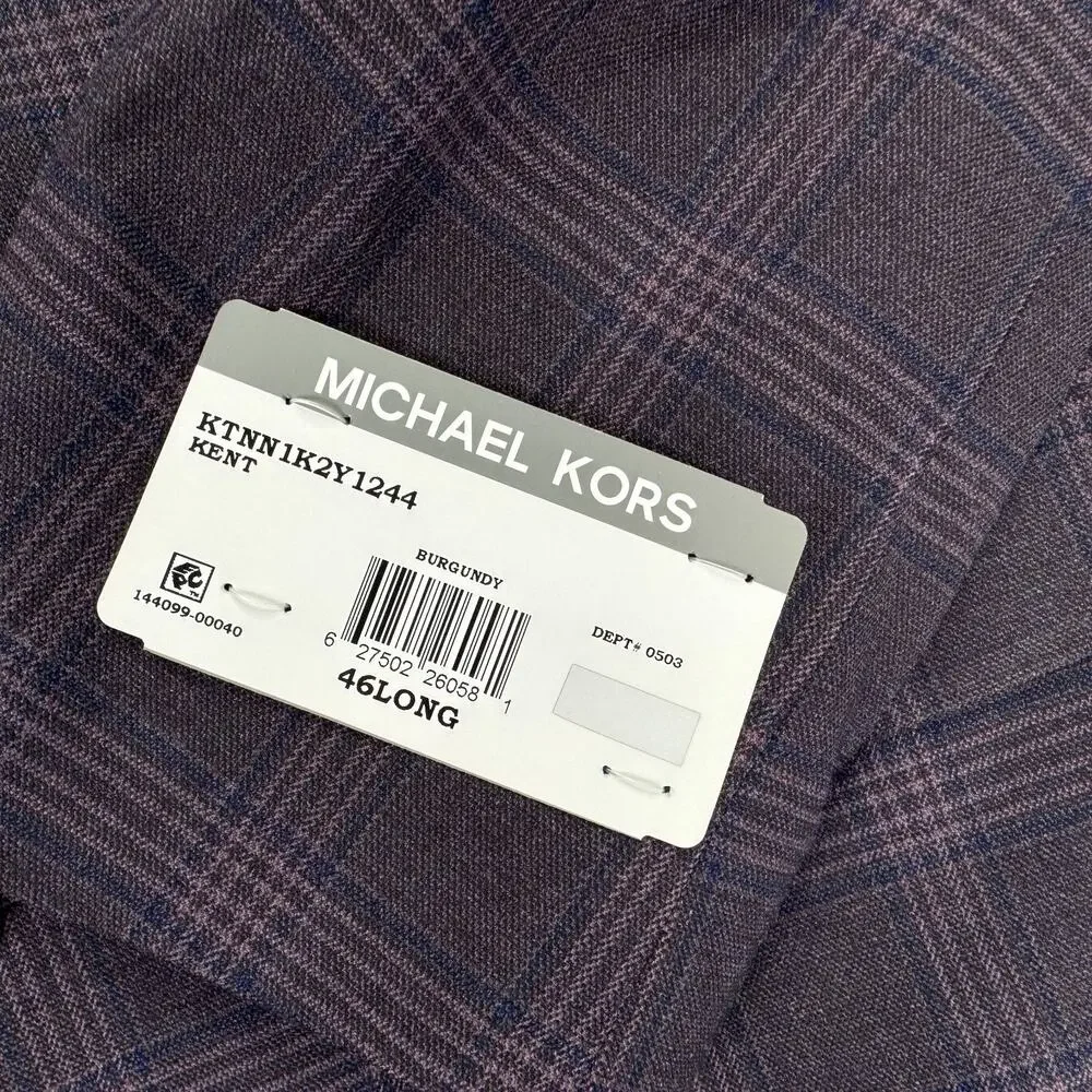 Michael Kors Mens Kent Classic Fit Stretch Plaid Sport Coat Burgundy 46L